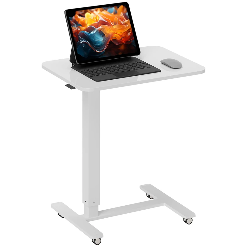 HOMCOM Height Adjustable Standing Desk, Pneumatic Sit Stand Desk for Laptop, Mobile Overbed Table with Wheels for Home Office, White