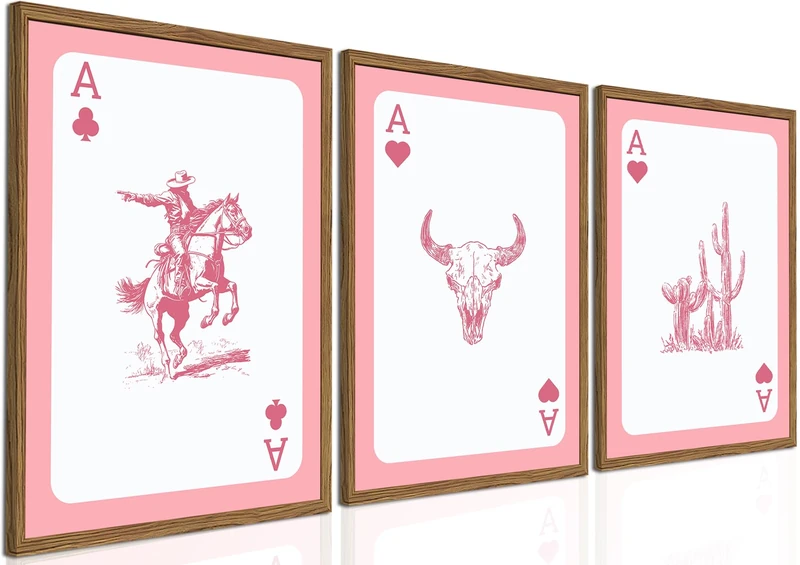 Western Cowboy Wall Art Set of 3 Southwestern Playing Card Wall Decor Pink Western Poster Canvas Prints Longhorn Bull Skull Room Decor for Bedroom Living Room Framed 16x24 inch
