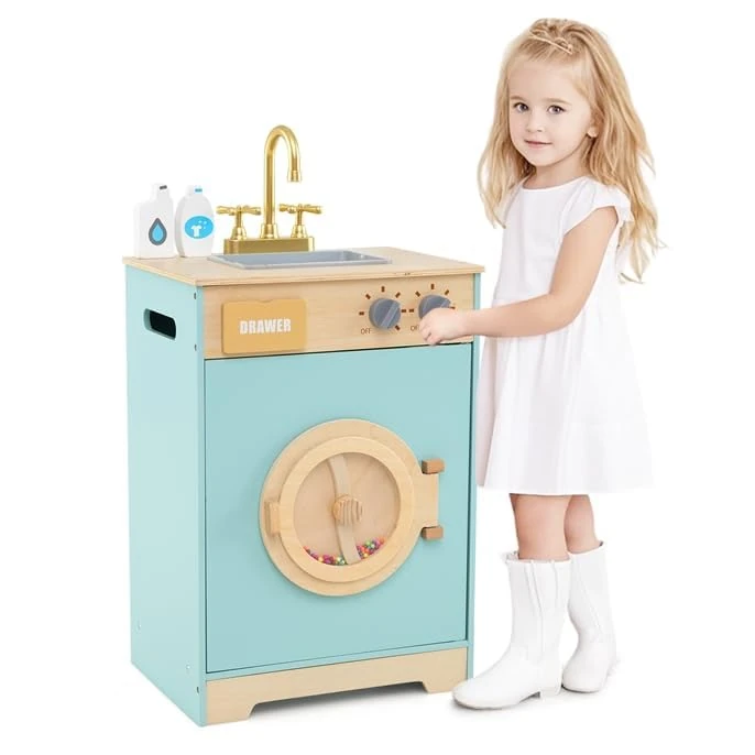 FANTASK Washing Machine Play Set, Children's Washing Machine Wood with Detergent & Hand Sanitiser, Laundry Set with Sink, Drawer & Rotary Wheel, for Children from 3 Years