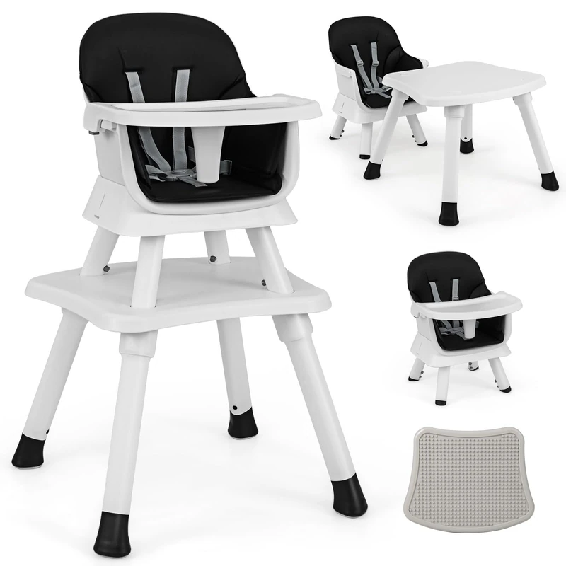 FANTASK 6-in-1 Children's Highchair, Combination Highchair, Dining Chair, Learning Table, Building Block Table and Children's Seating Set with Safety Belt and Removable Tray (Black)