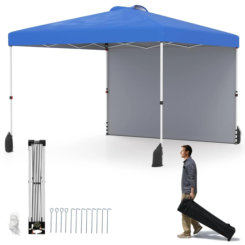 FANTASK Folding Gazebo 3 x 3 m, Pop Up Gazebo with Side Wall & 4 Sandbags, Marquee Party Tent with Roll Bag & 8 Pegs & 4 Anchors & 4 Wind Ropes, UV Protection 50+, Outdoor, Blue - Image 1