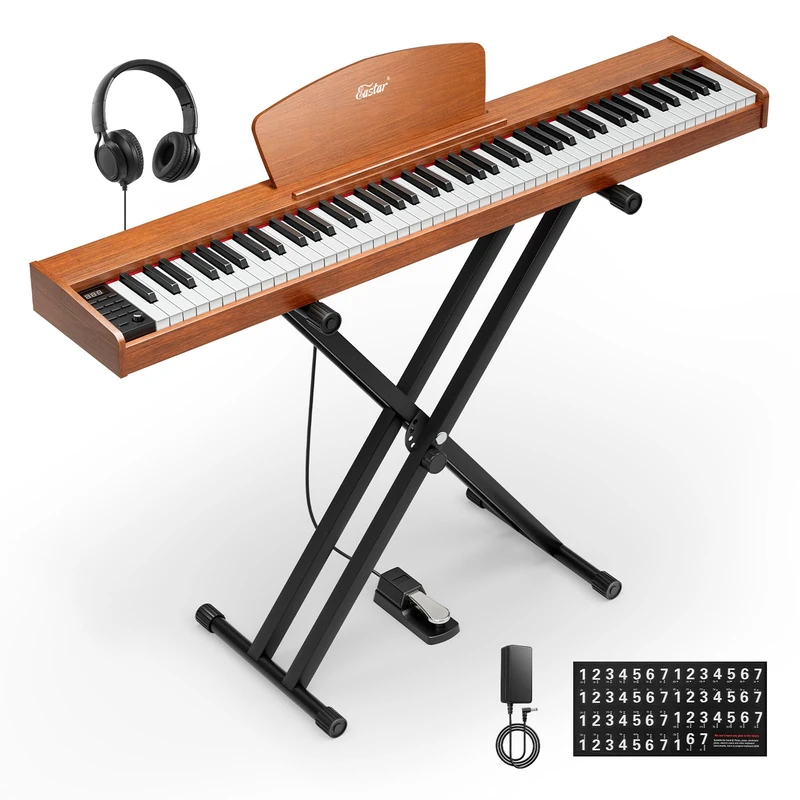 Eastar EP-80 Piano Keyboard 88 Keys, Full Size Electric Keyboard Piano with Velocity-Sensitive Key, Portable Beginner Digital Piano Bundle Piano Stand, Sustain Pedal, Music Stand and Headphones, Brown