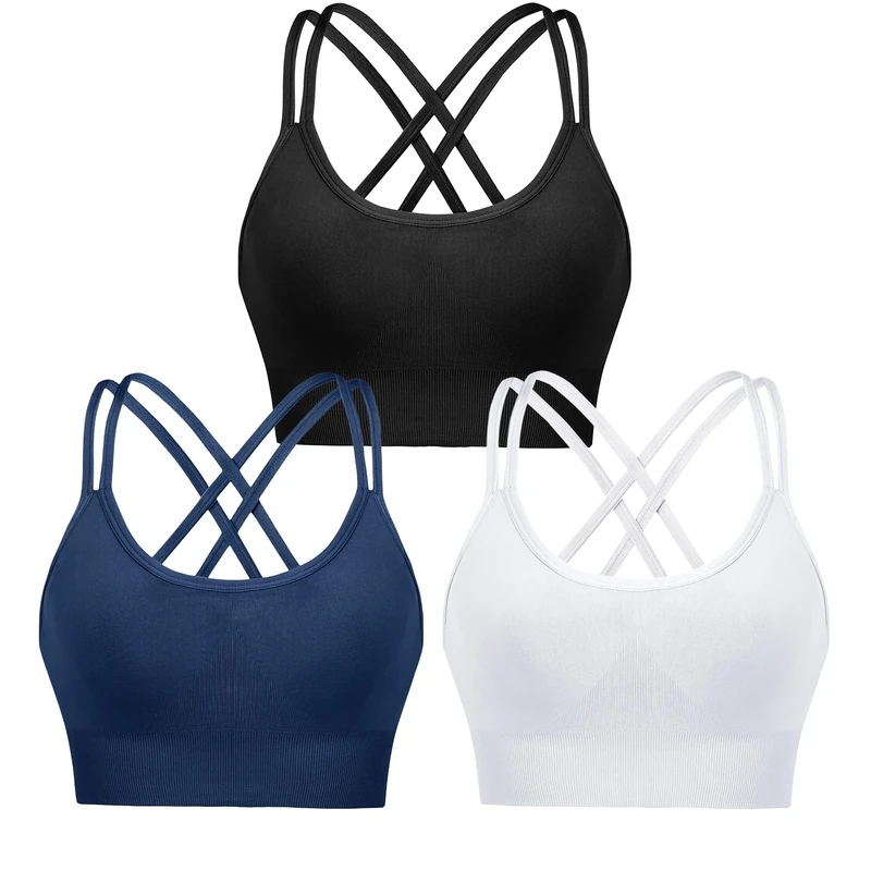 Leversic Sports Bra for Women Padded Yoga Bra Mid Impact Sports Bra Strappy Cross Back Crop Top for Fitness Yoga Gym(Black+White+Navy Blue,M)