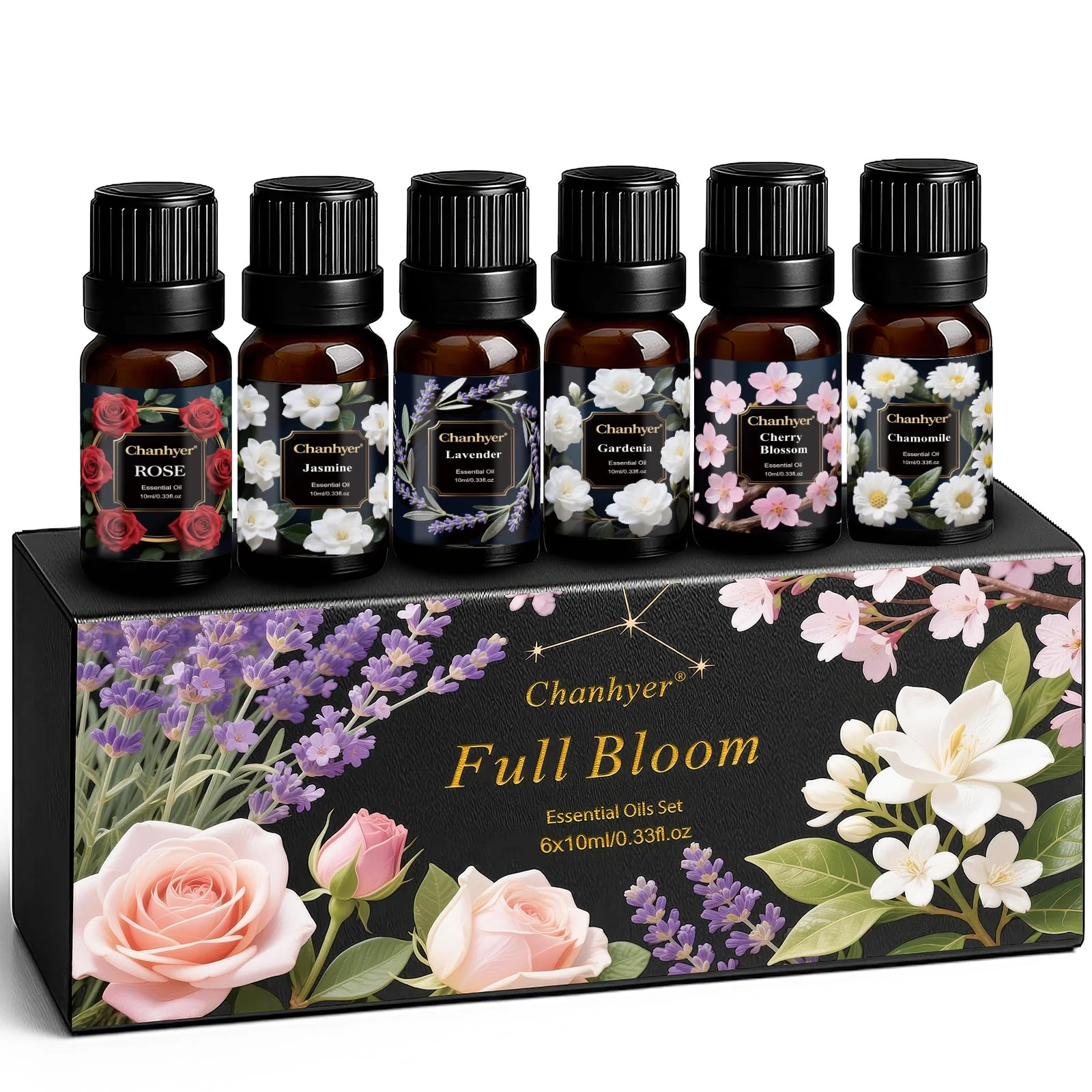 Floral Essential Oils Set 6 x 10ml – Gardenia, Jasmine, Rose, Chamomile, Cherry Blossom, Lavender – Pure Fragrance Oils for Diffuser, Aromatherapy and Gift