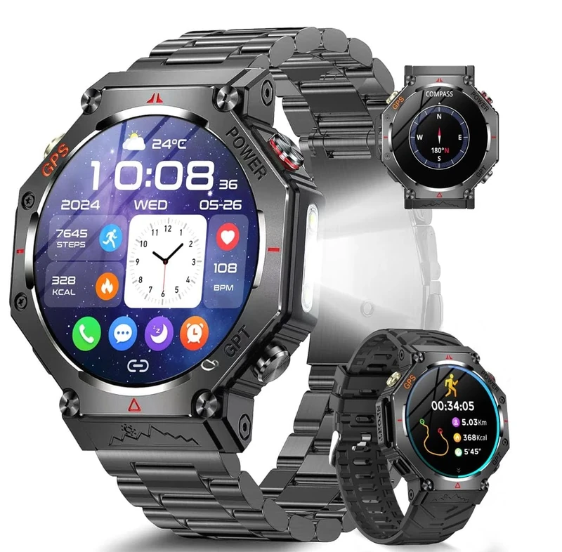 Marsyu Smart Watch for Men with GPS Compass LED Flashlight,1.39" HD Outdoor Smartwatch with Heart Rate/SpO2/Sleep Monitor,100+ Sports Modes Fitness Watch Step Counter Tracker for iOS Android(2 Bands)
