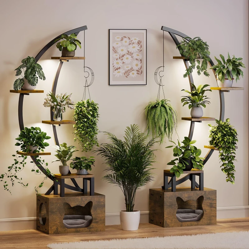 YITAHOME Plant Stand Indoor with LED Grow Lights, 5-Tier Metal Plant Shelf with Cats Bed, 165CM Tall Double Symmetry Curved Plant Holder Rack for Living Room, Patio, Balcony