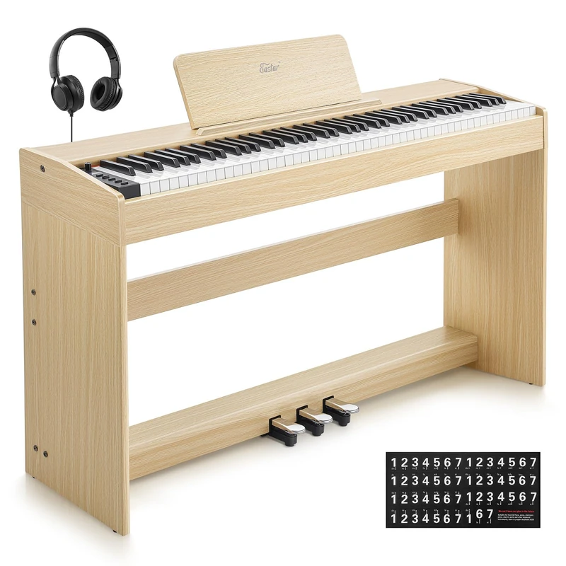 Eastar EUP-110 Digital Piano 88 Key Weighted Keyboard, Full-Size Home Electric Piano for Beginner, with Headphone, Music Stickers, Screen, 3-Pedal, Wireless Conection, Recording - Light Wood Color