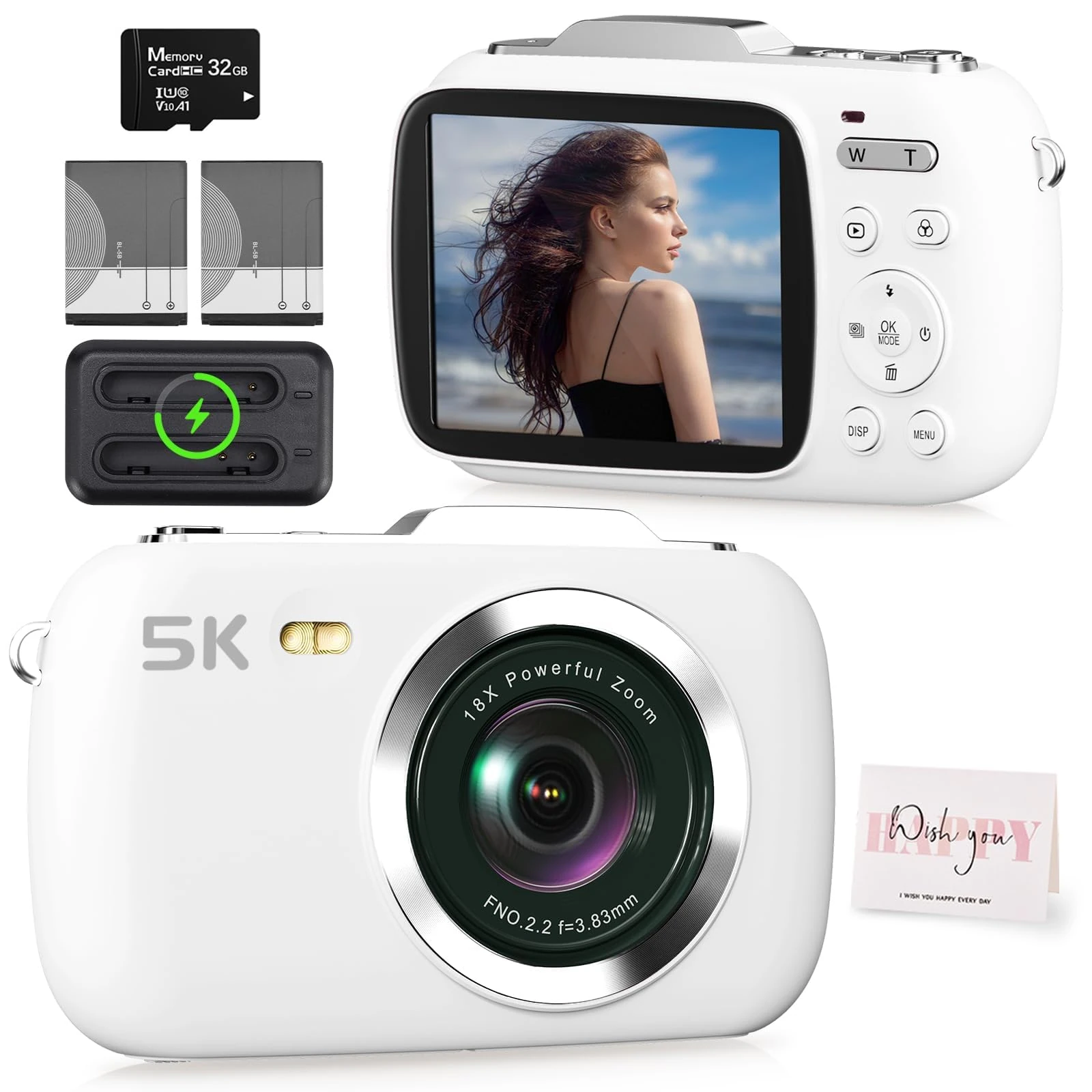 5K Vlogging Camera,80MP UHD Portable Digital Cameras for Vlogging,18X Zoom Travel Point and Shoot Camera with 32GB TF Card,Photography Cameras for Beginners Teen - White
