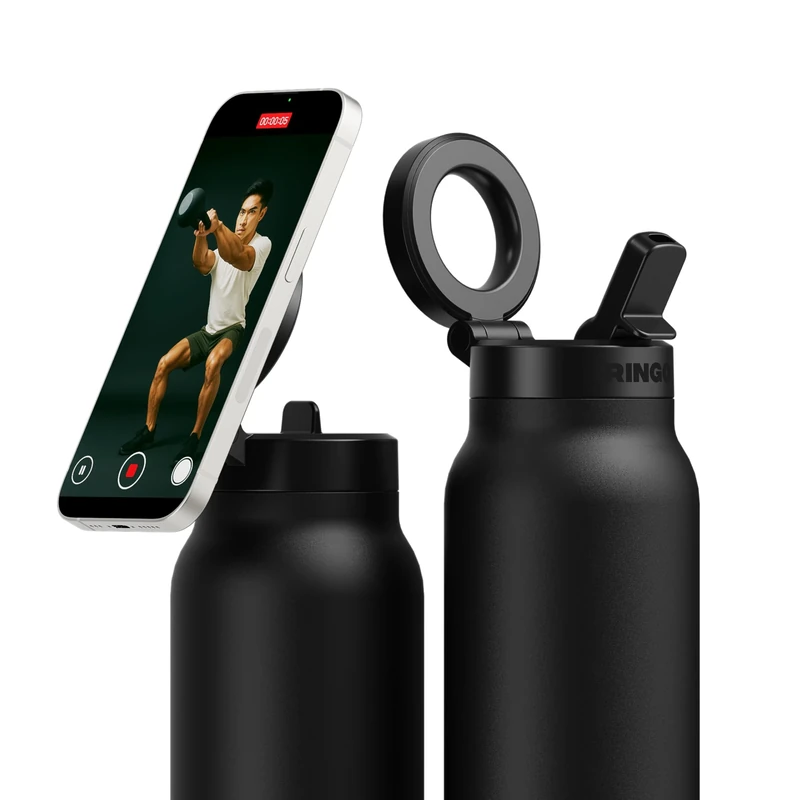 Ringo Pro Stainless Steel Water Bottle with Rotating Magnetic Holder for Smartphone, 24 oz, Black