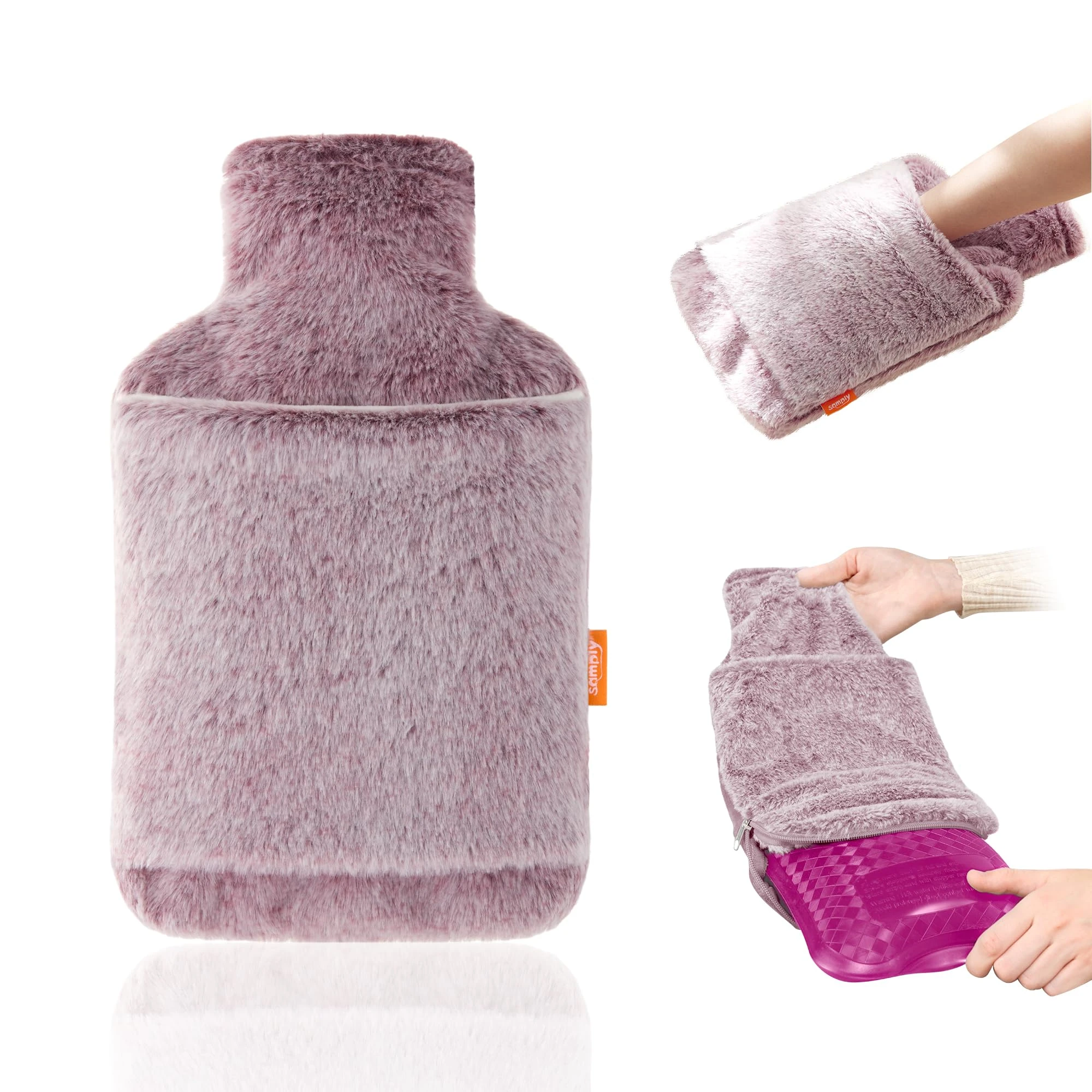 samply Hot Water Bottle with Soft Thick Faux Fur Cover and Hand Pocket，2L Hot Water Bag for Hot Compress, Pain Relief, Body Warmer, Damson