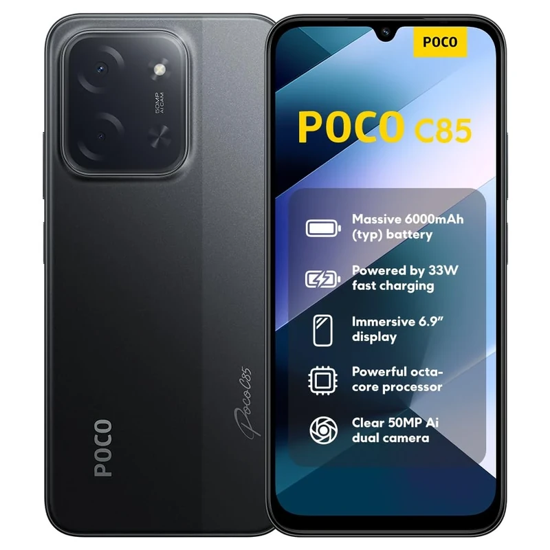 XIAOMI POCO C85, Smartphone 6+128GB, 6.9" 120Hz Display 7.99mm Design, MediaTek Helio G81-Ultra Octa-core, 50MP AI dual camera, 6000mAh, Black, Charger Not Included