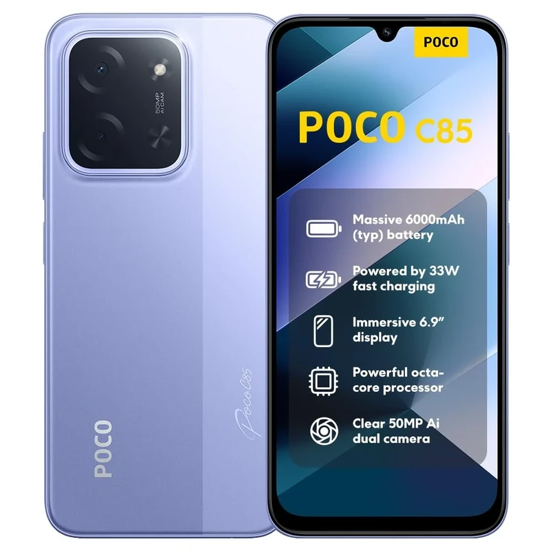 XIAOMI POCO C85, Smartphone 6+128GB, 6.9" 120Hz Display 7.99mm Design, MediaTek Helio G81-Ultra Octa-core, 50MP AI dual camera, 6000mAh, Purple, Charger Not Included