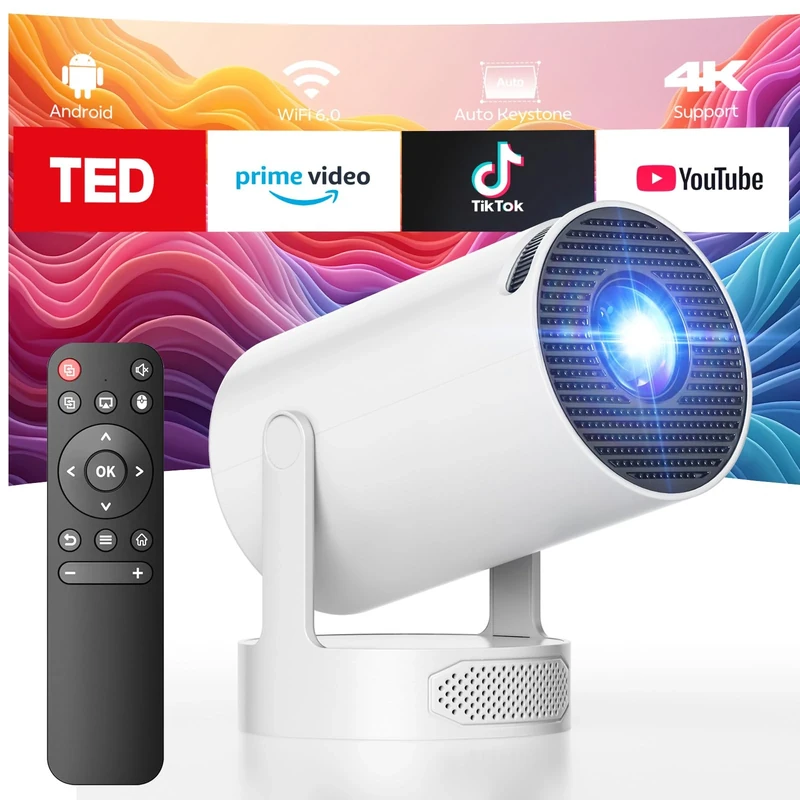 Mini Projector with Hi-Fi Speaker, 4K 1080P Portable Projector with WiFi and Bluetooth, Android 11.0 Auto Keystone Video Projectors, 220° Rotation Smart Projectors for Bedroom,HDMI/TV-Stick