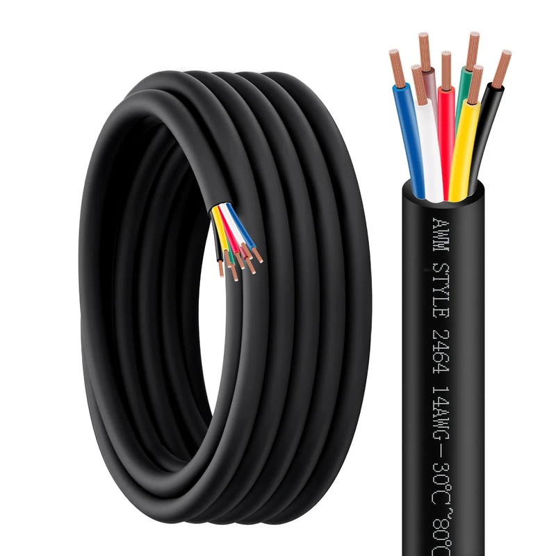 Lesnlok 7 Way Trailer Wire 26 FT Heavy Duty Pure Copper 14/7 Wire 14 Gauge 7 Conductor Wiring Extension Cable Insulated Cable for Rv Trailer and Automotiv (14AWG-7C, 26FT)