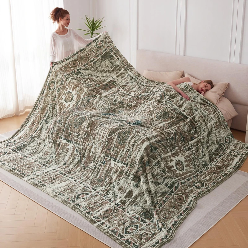 KORBLISS Oversized Vintage Pattern Blanket 120x120 Inches, Giant 10'x10' for Bed, Travel, and Camping, Extra Large Soft Blanket for The Whole Family and Outdoor, Brown