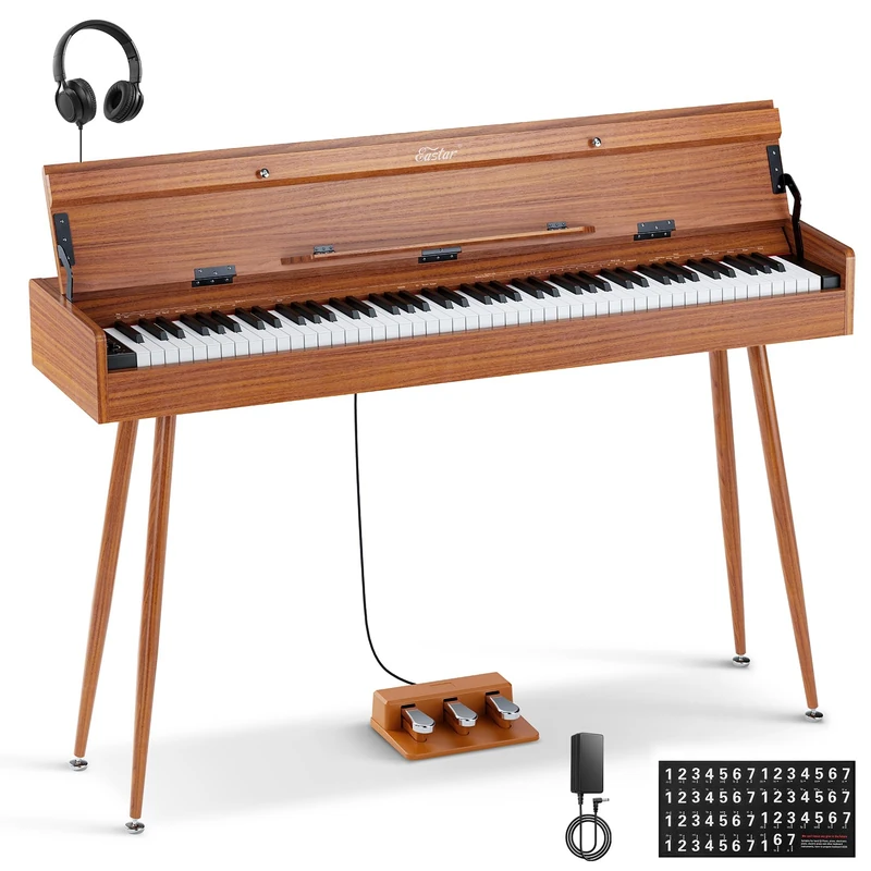 Eastar EUP-100 88 Key Weighted Keyboard Piano, Full-Size Home Digital Piano for Beginner, with Cover, Headphone, Music Stickers, Three-Pedal, Wireless Conection, Recording, MIDI - Retro Wood Color