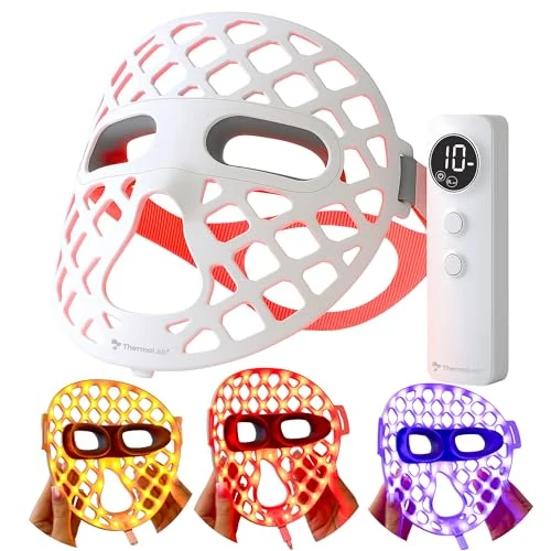 Thermolab Red Light Therapy Mask – LED Face Mask for Anti-Aging, & Wrinkles – Wireless Silicone Mask with 630nm & 850nm Infrared, Blue, Yellow Lights – Rechargeable Skincare Device