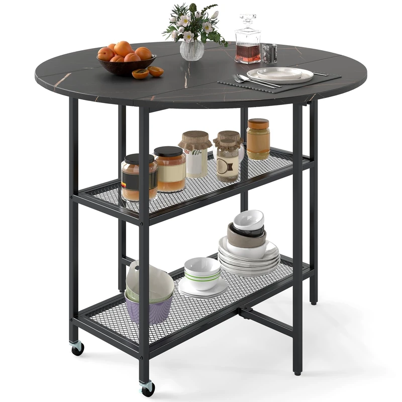 FANTASK Folding Dining Table for 2-4 People, Round Dining Room Table, Kitchen Table with 2 Shelves, Mobile Folding Table, Marble Look for Dining Room, Living Room (Black)