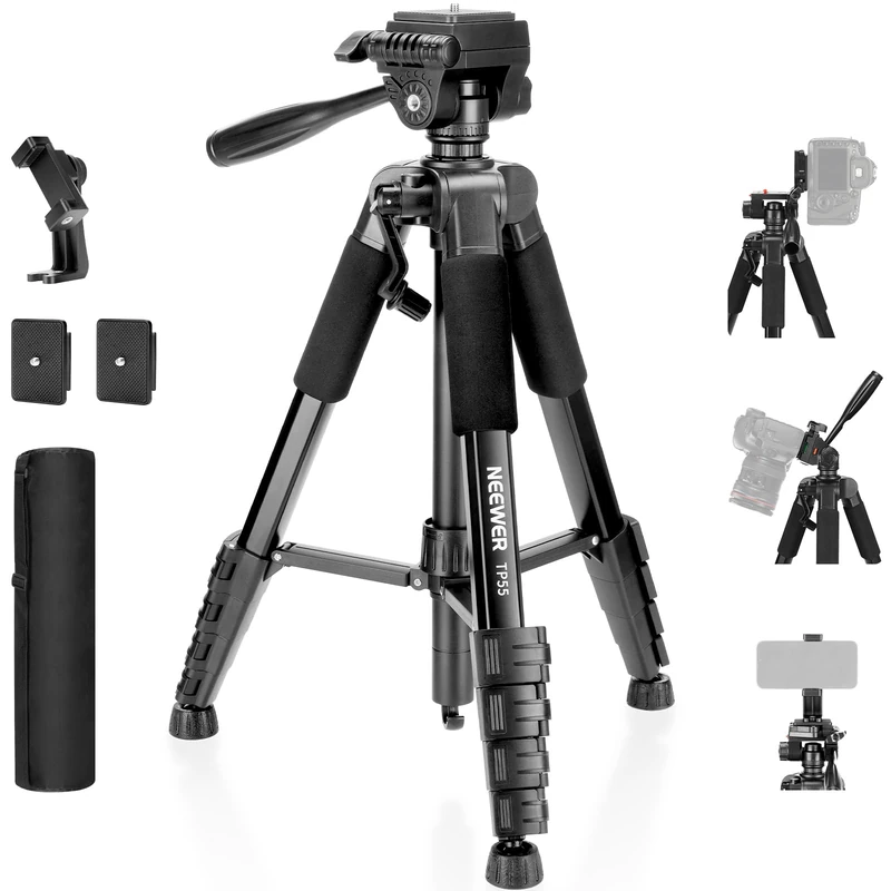 NEEWER BASICS Camera Tripod, 71'' Tripod with Holder Mount Compatible with Camera for Video Recording, Professional Aluminum Lightweight Portable Travel Stand with 3 Way Pan Tilt Head, TP55
