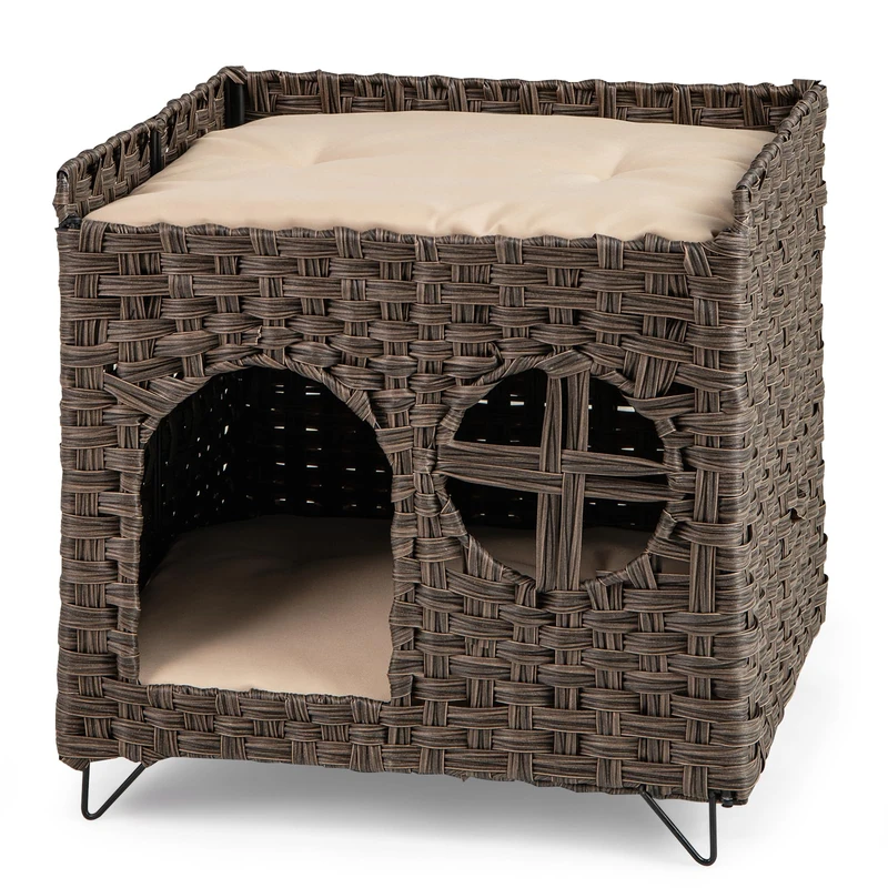 GYMAX Foldable Wicker Cat House, Rattan Elevated Kitten Condo with Washable Soft Cushion and Top Perch, Indoor Pet Furniture Side Table for Living Room Bedroom