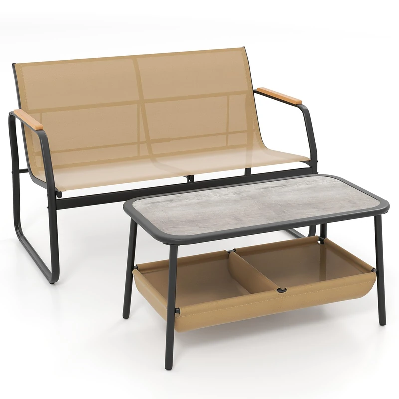 FANTASK 2-Seater Bench with Coffee Table Made of Textilene, Garden Bench with 2 Storage Compartments, Balcony Furniture Set, Garden Furniture, Coffee Table, Garden Furniture Set for Garden and Balcony - Image 1