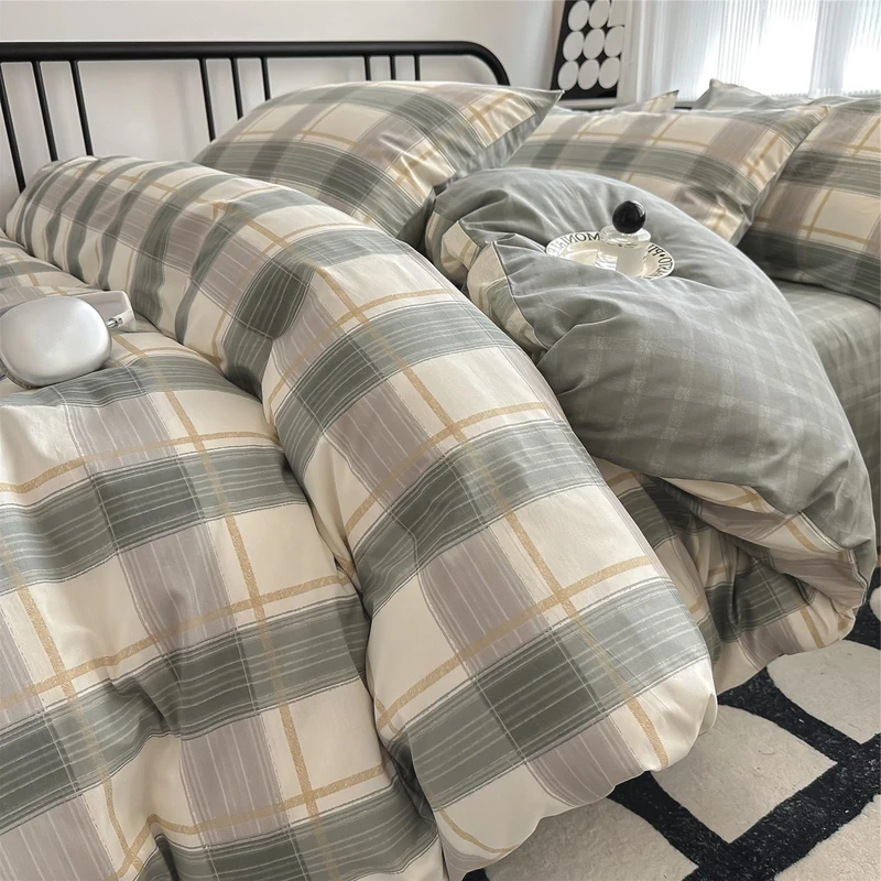 VM VOUGEMARKET Green Gingham Comforter Set Full,3 Pieces Plaid Comforter with 2 Pillowcases for Men Boys Simple Modern Bedding Set (80"x90")