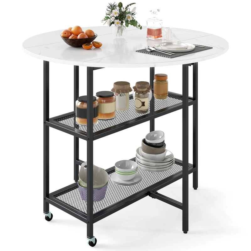 FANTASK Folding Kitchen Table, Dining Room Table for 2-4 People, Dining Table with 2 Shelves, Mobile Folding Table, Marble Look, Round Table for Dining Room & Living Room (White) - Image 1