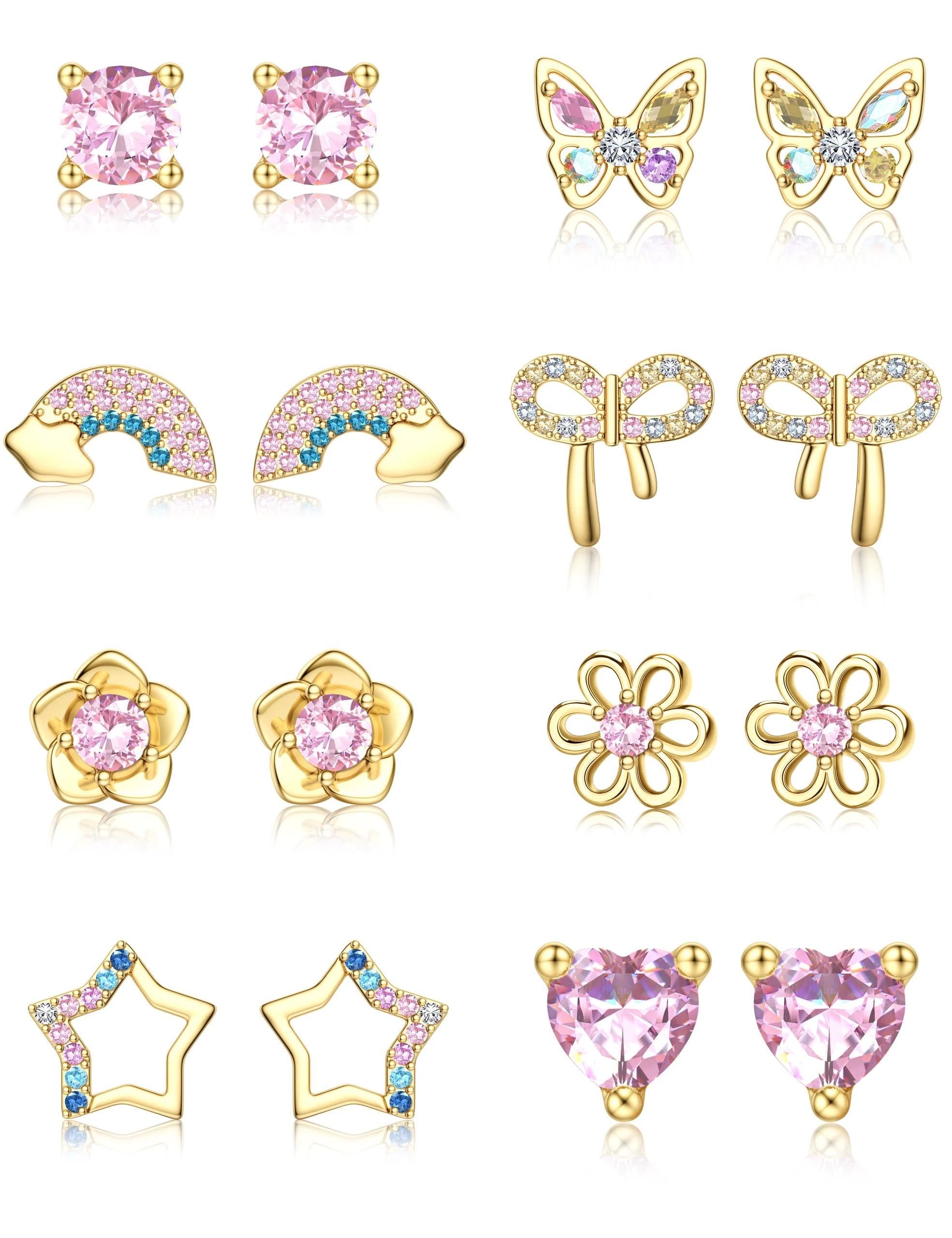 MILACOLATO 8Pairs 925 Sterling Silver Stud Earrings for Women Hypoallergenic Kids Earrings for Girls Gold Cute Pink CZ Heart Butterfly Flower Star Rainbow Girls Earring Set with Gift Box