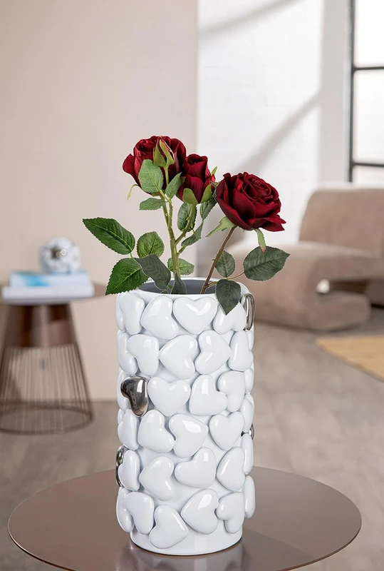 GILDE Hearts Ceramic Cylindrical Glazed White Heart Vase 31cm High 17cm Diameter