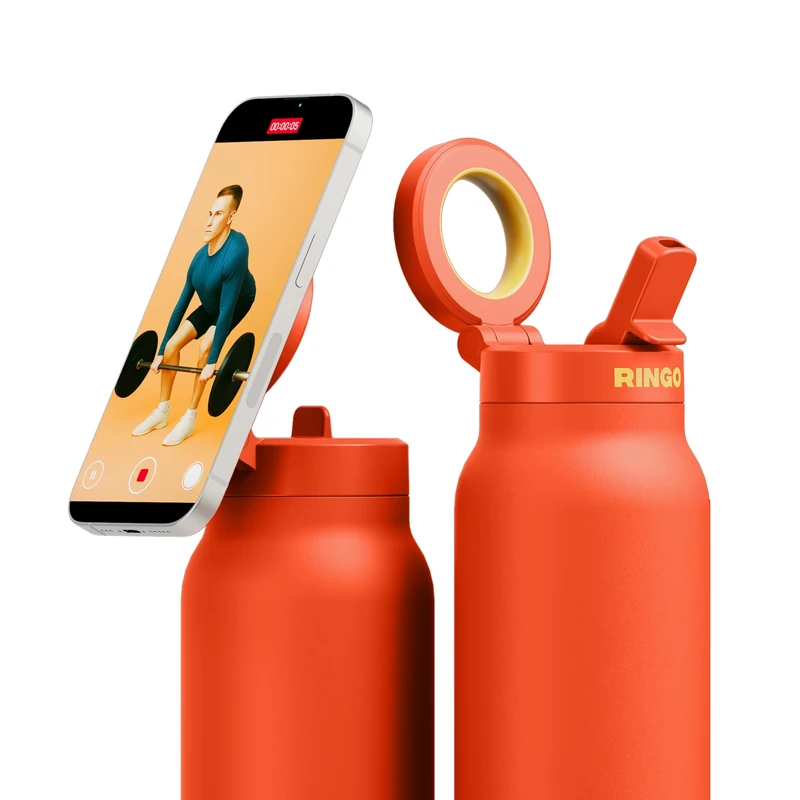 Ringo Pro Stainless Steel Water Bottle with Rotating Magnetic Holder for Smartphone, 24 oz, Orange