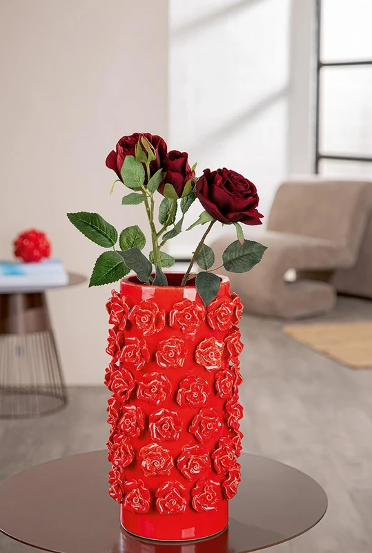 GILDE Ceramic Cylindrical Vase 30cm High 17cm Diameter Glazed Rose Red