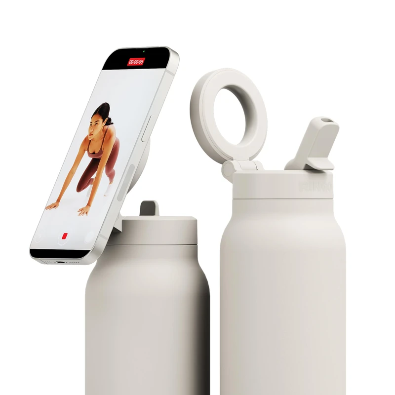 Ringo Pro Stainless Steel Water Bottle with Rotating Magnetic Holder for Smartphone (24 oz, Ivory)