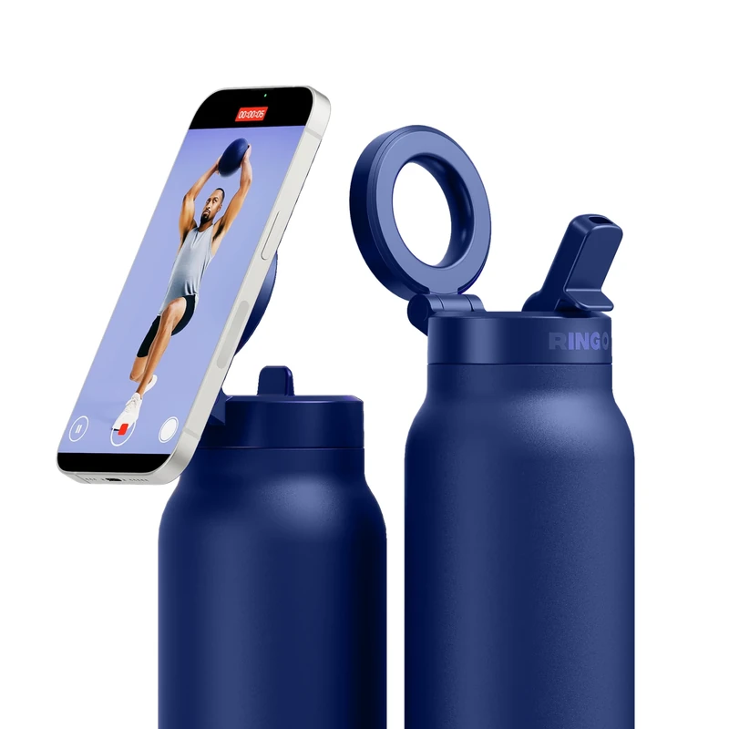 Ringo Pro Stainless Steel Water Bottle with Rotating Magnetic Holder for Smartphone, 710 ml, Blue