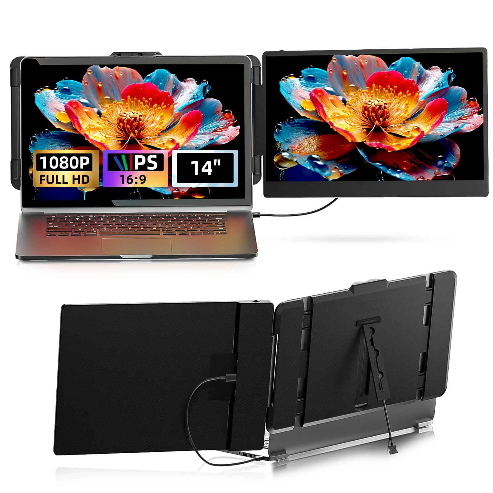 Grazz Laptop Screen Extender Monitor - 14 inch IPS FHD 1080P Extended Dual Monitor for 13"-17" Laptops Type-C/HDMI/USB-A Compatible with Windows Mac Travel Work