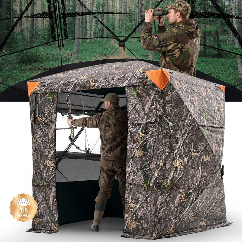 VEVOR Hunting Blind, 4-5 Person See Through Ground Blinds with Carrying Bag, 270 Degree Portable Camouflage Tent, Durable Concealed Shelter with Silent Magnetic Door and Window, for Turkey and Deer