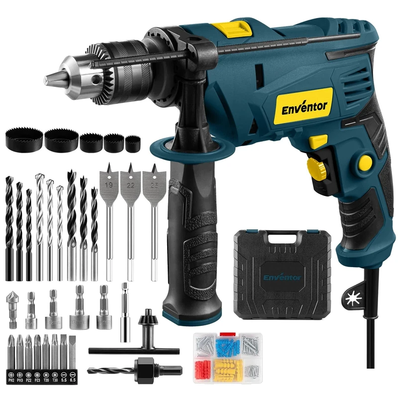 Enventor Hammer Drill, 900W 0-3000RPM Electric Corded Hammer Drill, Variable Speed, 13mm Chuck, 360° Auxiliary Handle, with 36pcs Accessories for Concrete, Iron Plate, Masonry and Wood, Blue