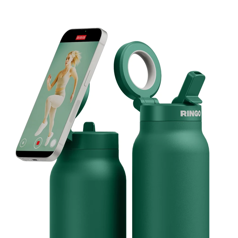 Ringo Pro Stainless Steel Water Bottle with Rotating Magnetic Holder for Smartphone, 710 ml, Green
