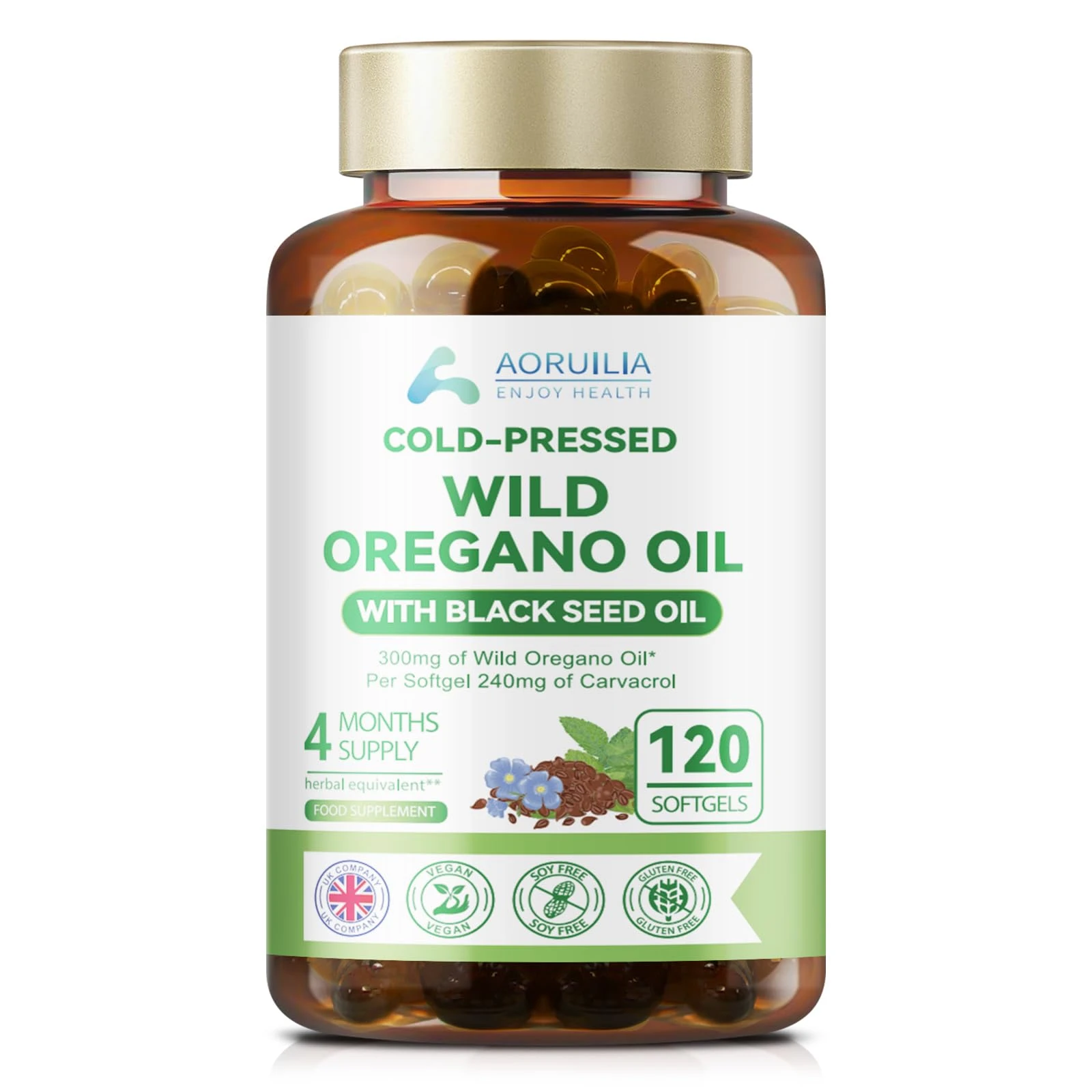 Oregano Oil Capsules, 240mg Carvacrol – 300mg Wild Oil of Oregano per Softgel with 600mg Black Seed Oils for Immune Support & Digestive Health,120 Count (4 Month Supply)