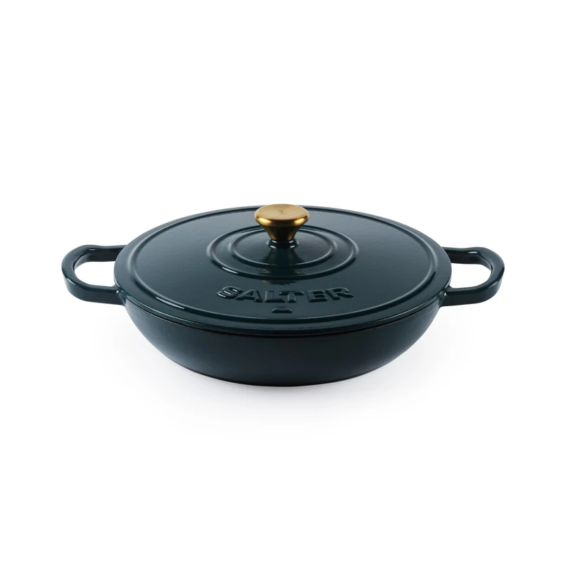 Salter Chester Shallow Cast Iron Casserole Pot – 30cm Dutch Oven/Stock Pot, Self Basting Lid, Enamel Coated Cast Iron, Oven Safe, Suitable for All Hobs Including Induction, 2.8L Cap., PFAS-Free, Green