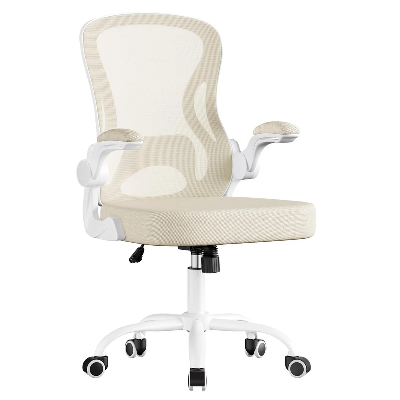 SONGMICS Ergonomic Office Chair, Mesh Swivel Desk Chair with Lumbar Support, Rocking Function, Flip-Up Armrests, for Home Office, Bedroom, Cappuccino Beige and Cloud White OBN042LH03