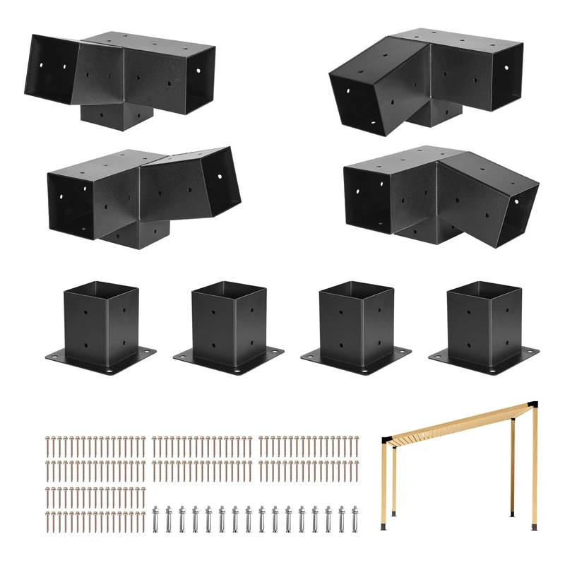 VEVOR Pergola Kit, 4x4 Inch 3-Way Slanted Bracket for 3.5x3.5 Inch Wood Beams in Actual Size, Carbon Steel Pergola Bracket with Screws and Post Bases, for Outdoor Wood Pergolas, Gazebos, Sheds, 8 Pcs