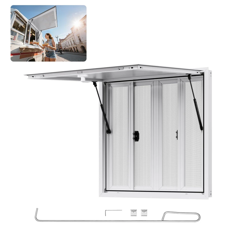 VEVOR Concession Window 92x92 cm, Aluminum Alloy Service Window for Food Truck, Up to 85 Degrees Stand Serving Window with 4 Sliding Windows, Awning Door, and Drag Hook, for Concession Trailers