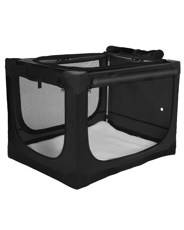 Deekuiwi 24-Inch Collapsible Travel Dog Crate, Portable 4-Door Soft Kennel for Medium to Large Dogs, Chew-Proof Mesh Windows, Indoor/Outdoor Use, Foldable, with Storage Bag (Black)