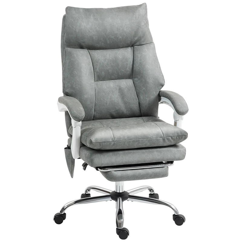 HOMCOM Executive Office Chair with Airbag Lumbar Support, PU Leather Desk Chair with Footrest, Quiet Swivel Wheels, Reclining Backrest, High Back, Height Adjustable, for Home, Grey