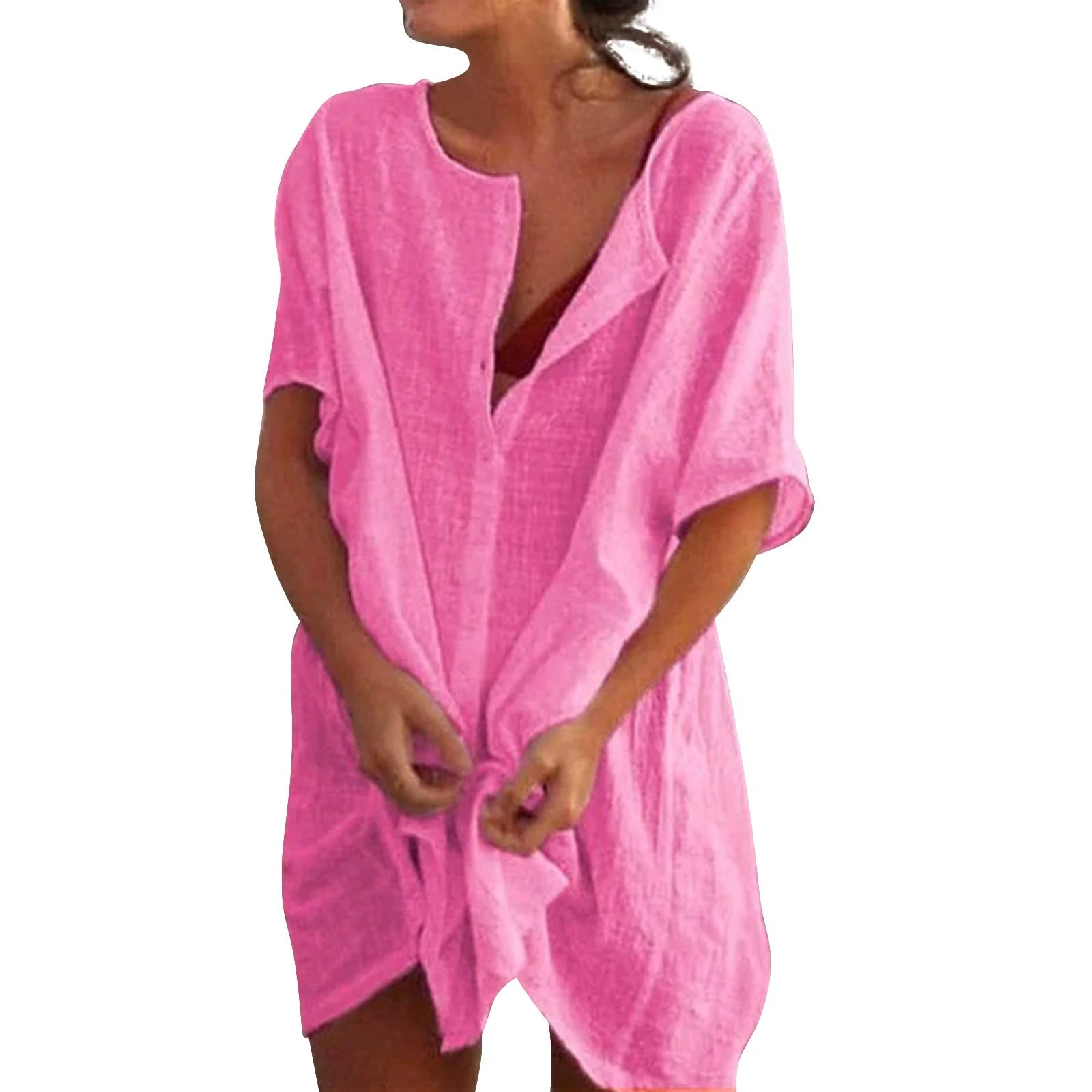 Women Beach Cover Up Kaftans Swimsuit Coverup Long Beachwear Beach Dress with Buttons Linen Tops Shirt Dresses Bikinis Sarong Loose Blouse Oversized for Lady Swimdresses for Women UK (M)