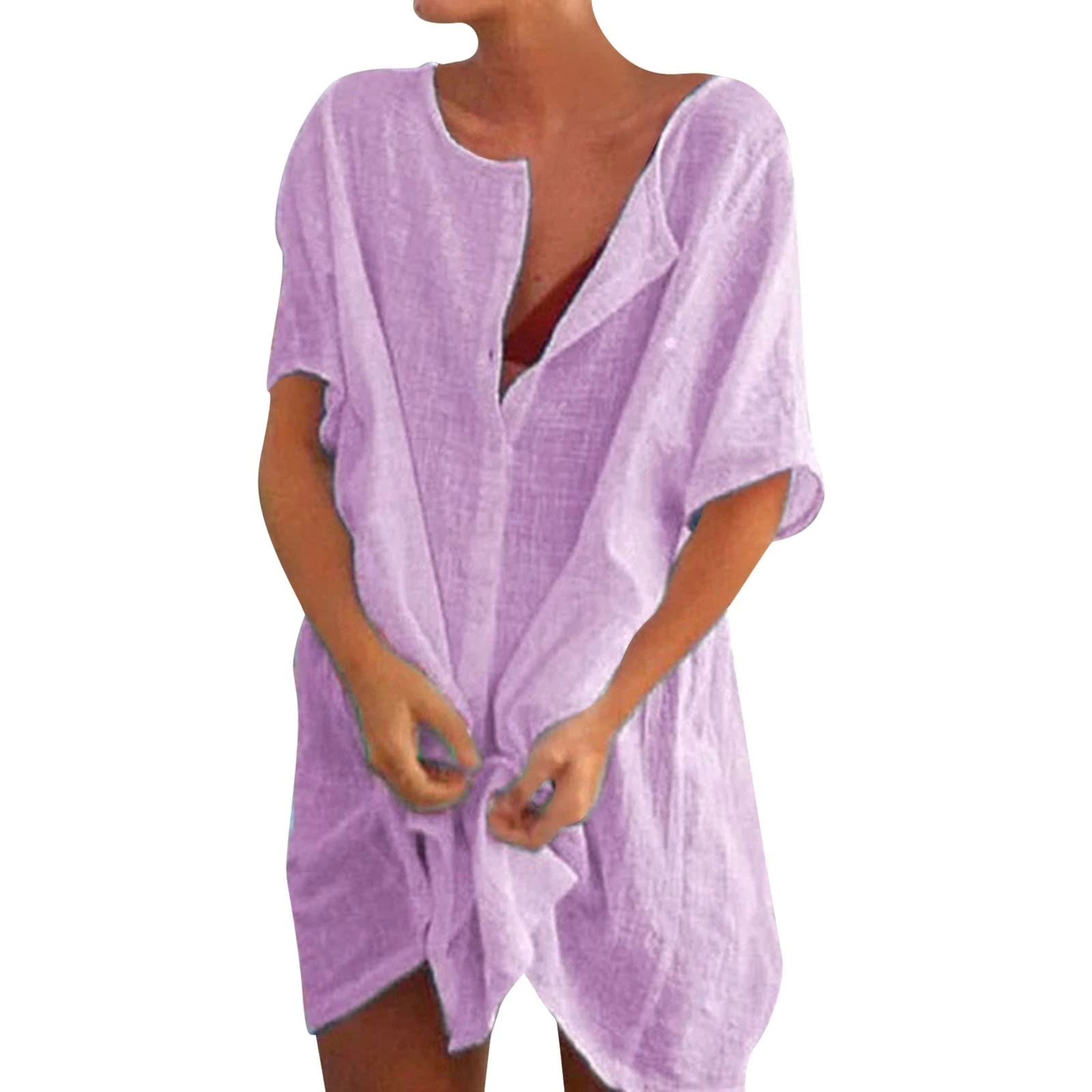 Women Beach Cover Up Kaftans Swimsuit Coverup Long Beachwear Beach Dress with Buttons Linen Tops Shirt Dresses Bikinis Sarong Loose Blouse Oversized for Lady Swimdresses for Women UK (03-Purple, M)