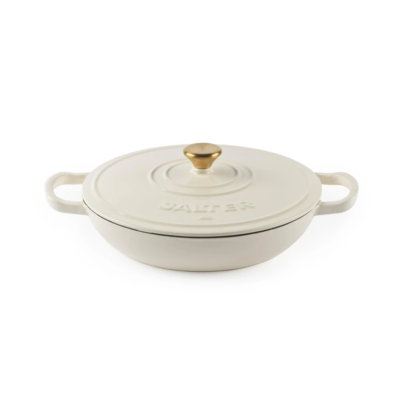 Salter Chester Shallow Cast Iron Casserole Pot – 30cm Dutch Oven/Stock Pot, Self Basting Lid, Enamel Coated, Oven Safe, Suitable for All Hob Types Incl. Induction, 2.8L Cap., PFAS-Free, Cream