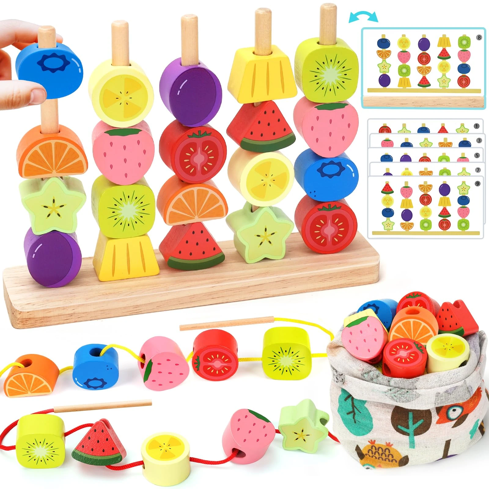 Montessori Wooden Stacking Blocks Toys: 2 3 4 Year Old Boys Girls Educational Gifts - Toddlers Sequence Game & Sorting & Lacing & Matching Shape - Preschool Learning Threading Beads Set Travel Toys
