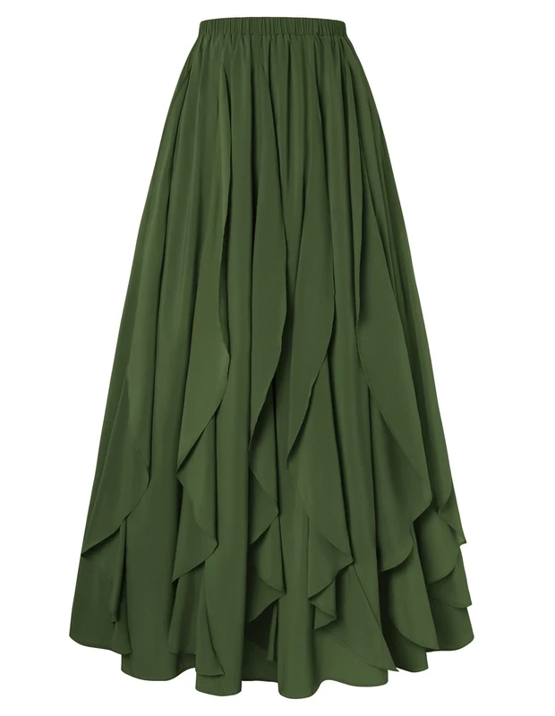 SCARLET DARKNESS Women's Renaissance Maxi Skirt Elastic High Wasit Ruffle Skirts for Women UK Ankle Length Skirt Dark Green S