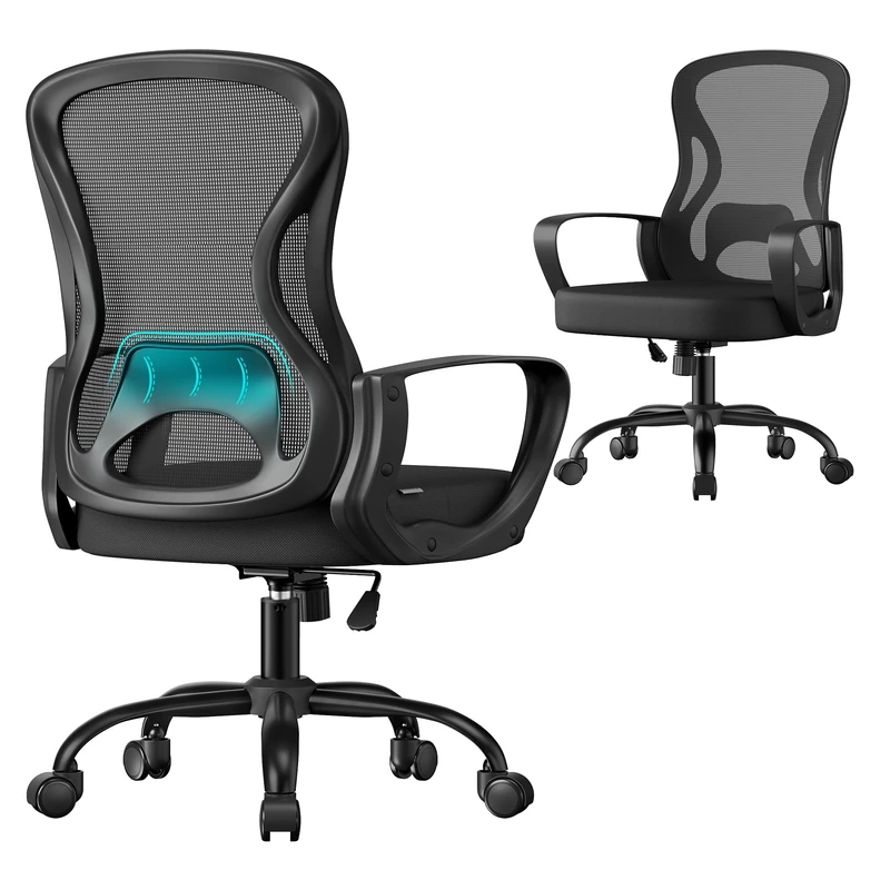 SONGMICS Ergonomic Office Chair, Mesh Swivel Desk Chair with Lumbar Support, Rocking Function, Armrests, for Home Office, Bedroom, Black OBN043BH03